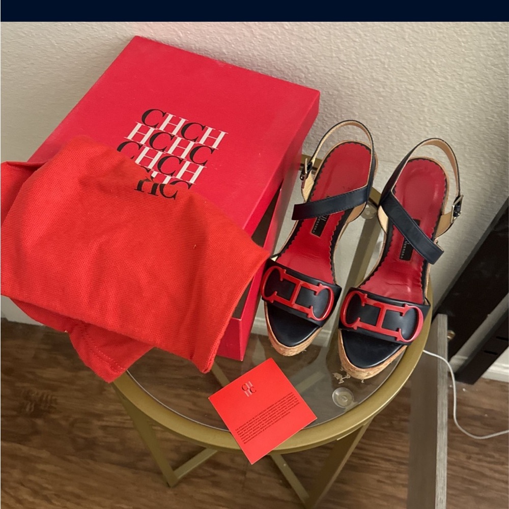 Carolina Herrera Black and Red Logo Wedge Sandals